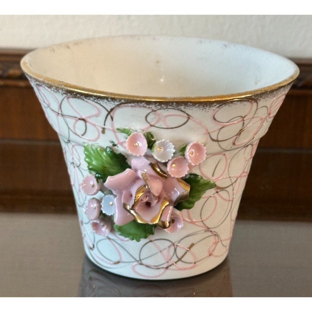 Vintage Lefton China Japan 4'' Flower Vase Pot with Pink and White Flowers 50442
